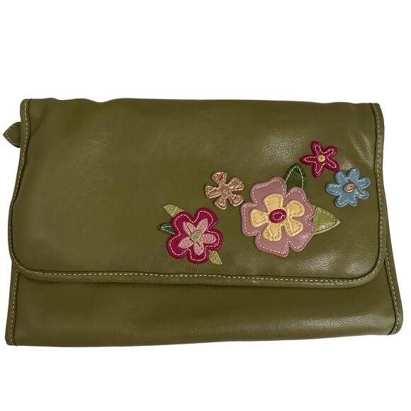 Y2K Olive Green Faux Leather Travel Toiletry Bag Embroidered Floral Hanging Boho - Picture 1 of 8